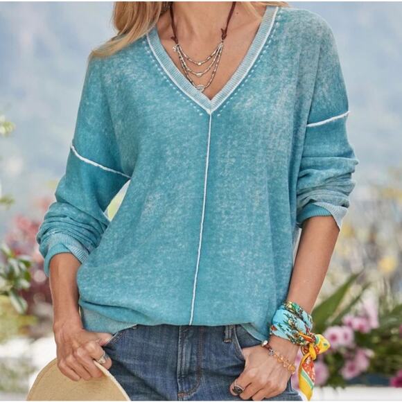 Sundance Sweaters - Sundance CeCe V-Neck Lightweight Cotton Sweater Boho Faded Turquoise Size Small